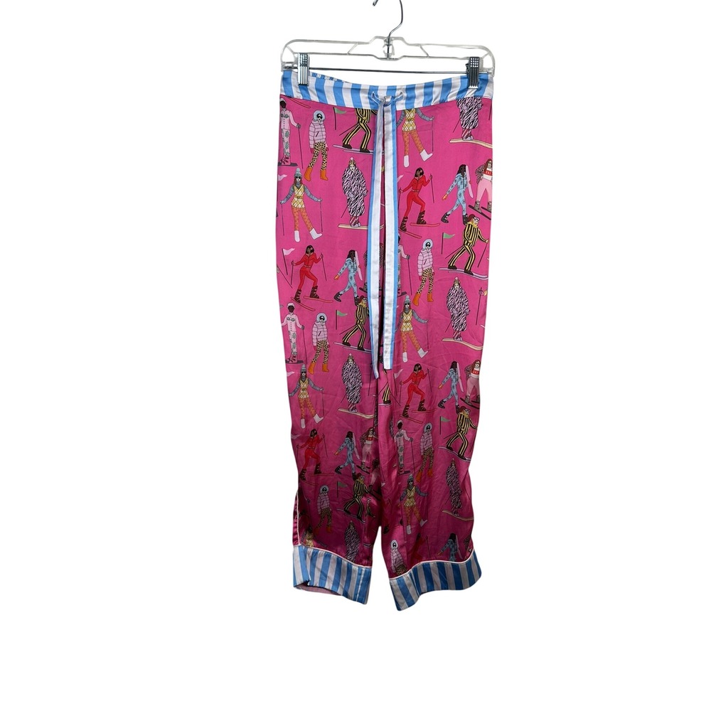 Karen Mabon Pajama Pants Women Medium Pink Good Ski Print Satin Striped Trim